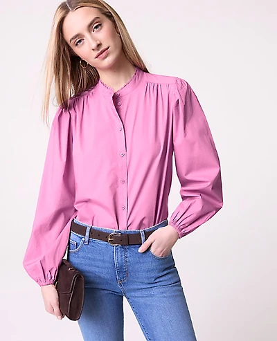 Ann Taylor Petite Weekend Embroidered Collar Blouse Dusty Mauve Women's