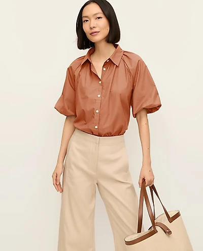 Ann Taylor Blouson Sleeve Button Down Shirt Size XS Tortoise Shell Top Brown Women's