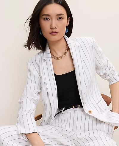Ann Taylor The Pinstripe Long One Button Blazer Linen Blend White Women's
