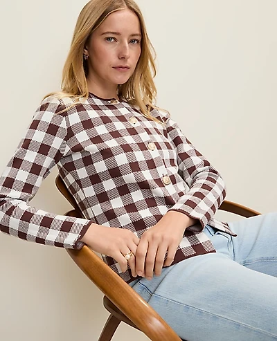 Ann Taylor Gingham Jacquard Sweater Jacket Women's
