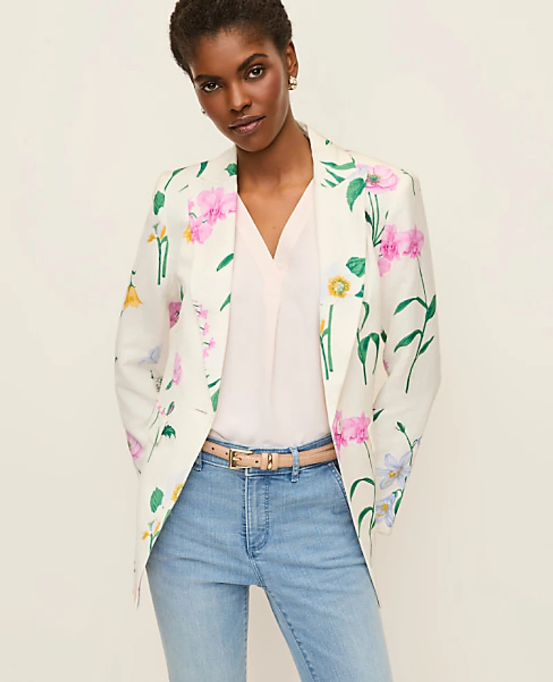 Ann Taylor The Long Single Button Blazer Floral Linen Blend Winter White Women's