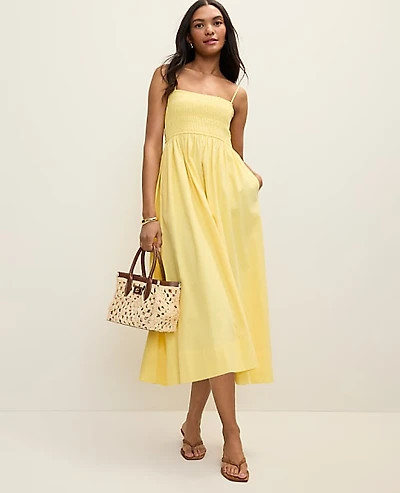 Ann Taylor Weekend Smocked Midi Dress Yellow Hibiscus Women's