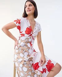 Ann Taylor Petite Floral Collage Twisted Midi Dress Fiery Sunset Women's