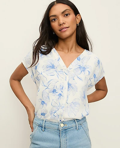 Ann Taylor Floral Mixed Media Top Size XL Blue Women's