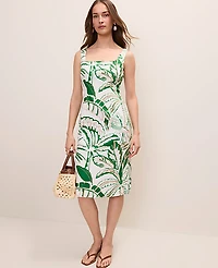 Ann Taylor Palm Tree Print Column Midi Dress Linen Blend Fresh Cut Green Women's