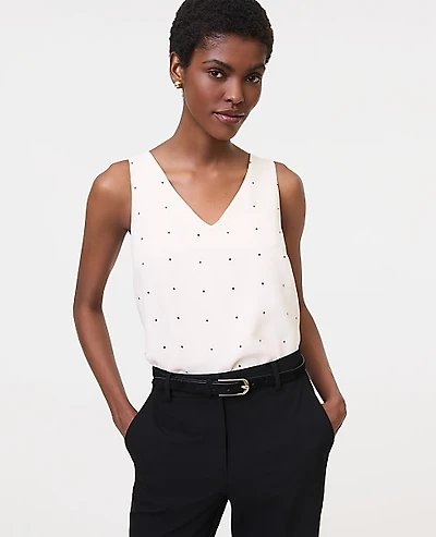 Ann Taylor Petite Dotted Mixed Media V-Neck Shell Top Feather Women's