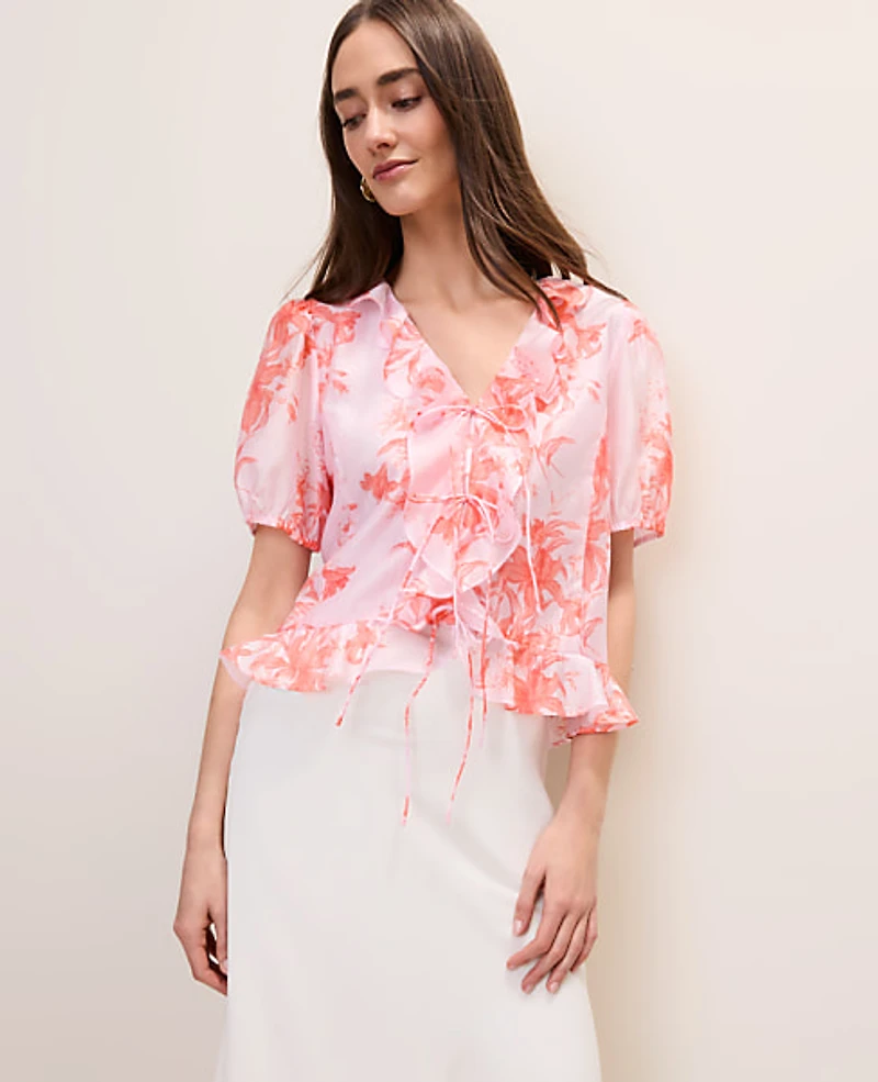 Ann Taylor Floral Ruffle Trim Blouse Aperol Women's