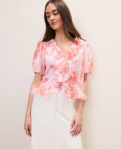 Ann Taylor Floral Ruffle Trim Blouse Aperol Women's