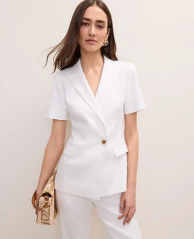 Ann Taylor The Short Sleeve Blazer Linen Blend White Women's