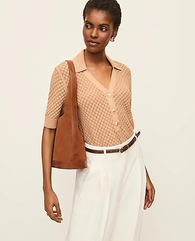 Ann Taylor Petite Pointelle Polo Sweater Cafe Au Lait Women's