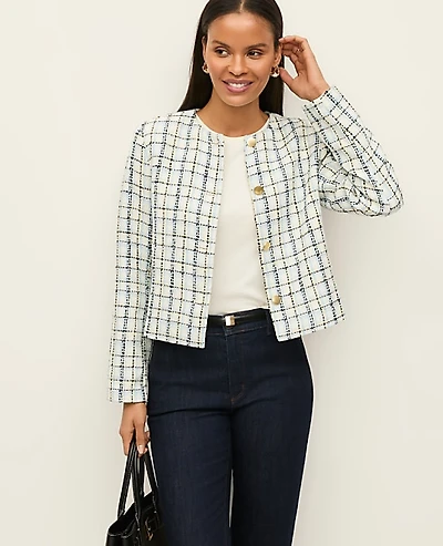 Ann Taylor The Petite Crew Neck Jacket Plaid Cashmere Blue Women's