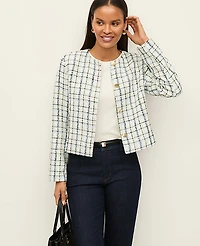 Ann Taylor The Petite Crew Neck Jacket Plaid Cashmere Blue Women's