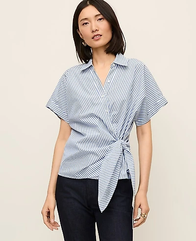 Ann Taylor Striped Tie Waist Shirt Size XS Cool Cascades Women's