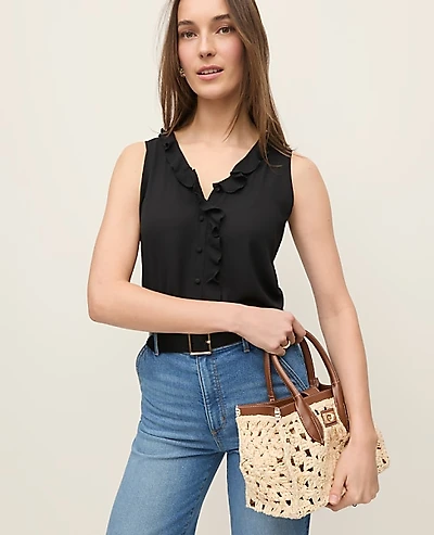 Ann Taylor Petite Mixed Media V-neck Ruffle Shell Top Black Women's