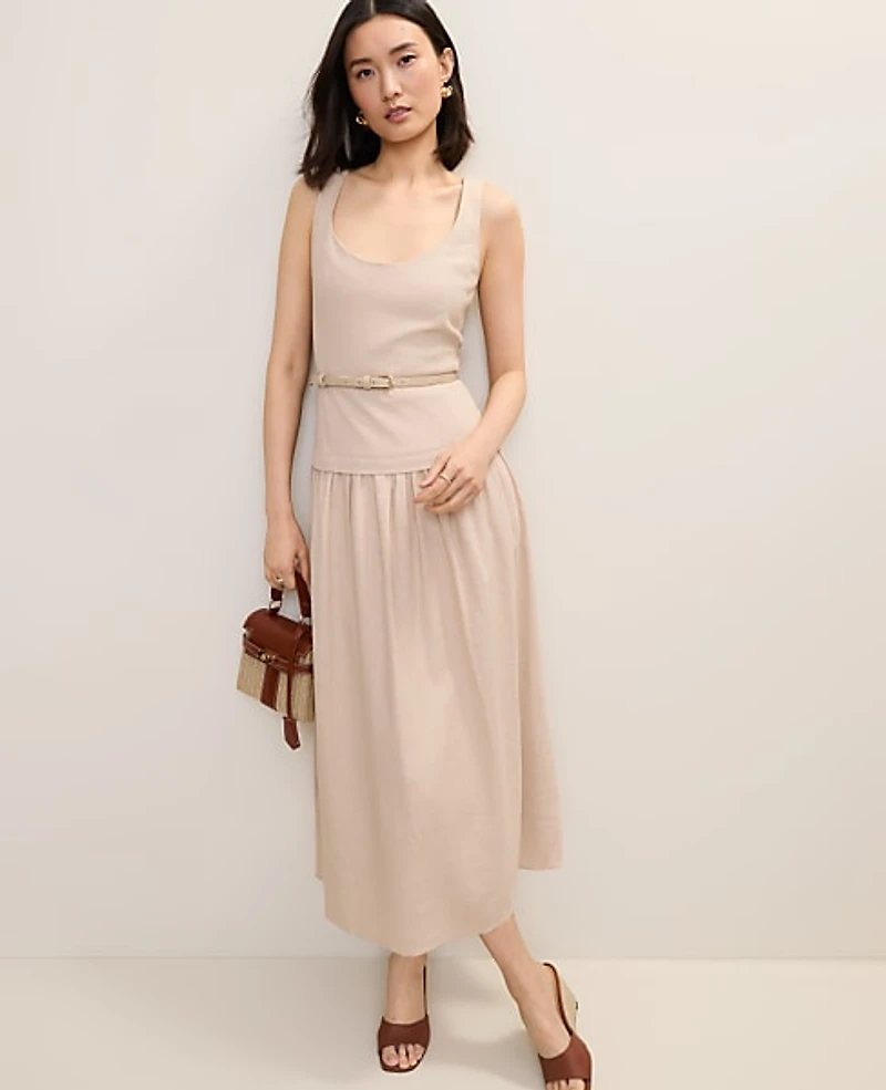 Ann Taylor Belted Flare Midi Dress Sail Cloth Women's