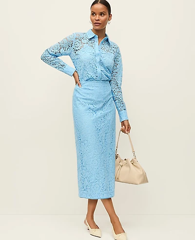Ann Taylor Petite Lace Column Midi Skirt Blue Air Women's