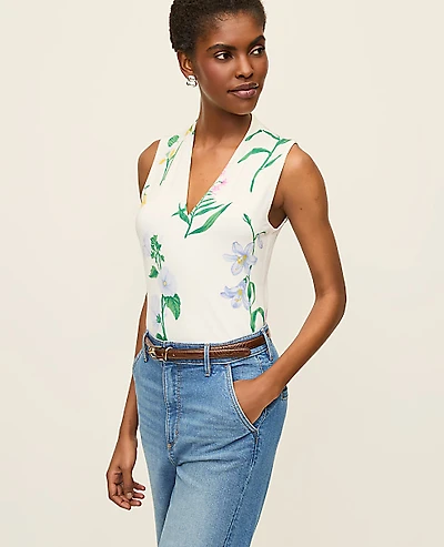 Ann Taylor Floral Sleeveless V-Neck Top Winter White Women's