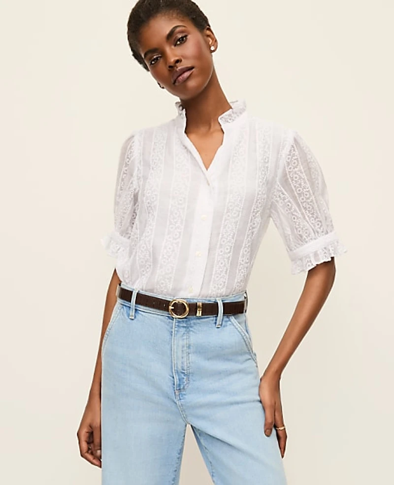 Ann Taylor Petite Eyelet Ruffle Collar Shirt Size Large White Women's