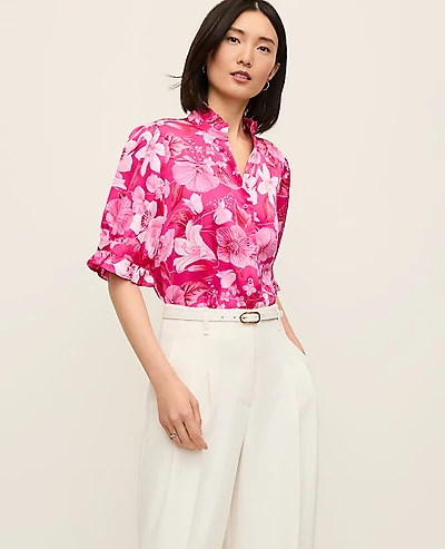 Ann Taylor Petite Floral Ruffle Collar Blouse Size XS Bougainvillea Women's