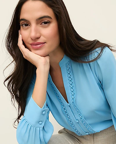 Ann Taylor Petite Lace Trim Blouse Sky Gazing Women's