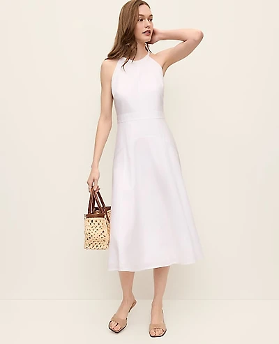 Ann Taylor Petite Halter Flare Midi Dress in Linen Blend Size 12 White Women's
