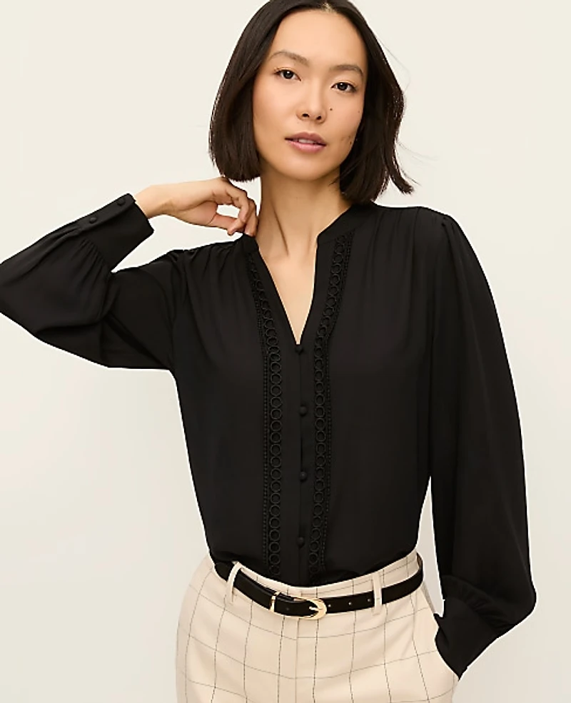 Ann Taylor Lace Trim Blouse Black Women's