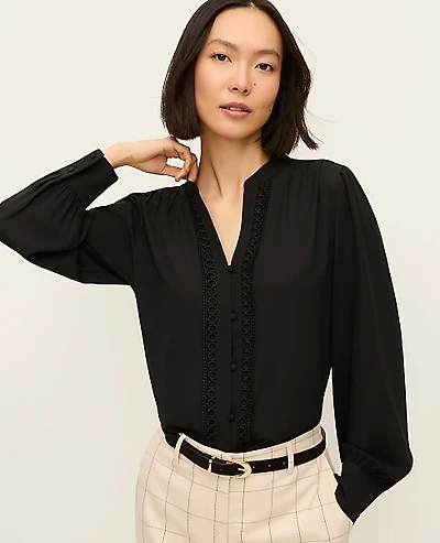 Ann Taylor Lace Trim Blouse Black Women's