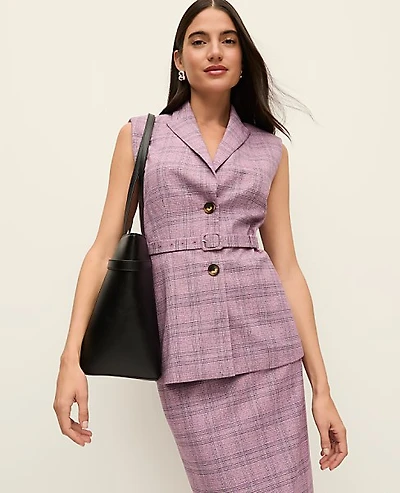 Ann Taylor Petite Plaid Belted Vest Purple Multi Women's