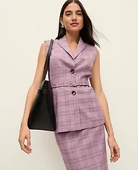 Ann Taylor Petite Plaid Belted Vest Purple Multi Women's