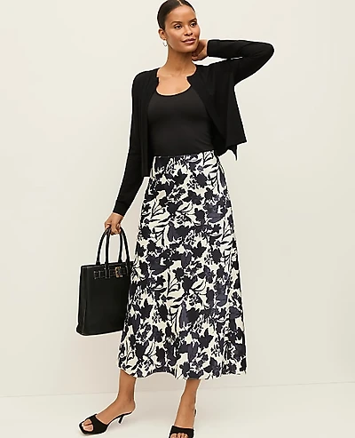Ann Taylor Petite Floral Satin Midi Slip Skirt Size Large Night Sky Women's
