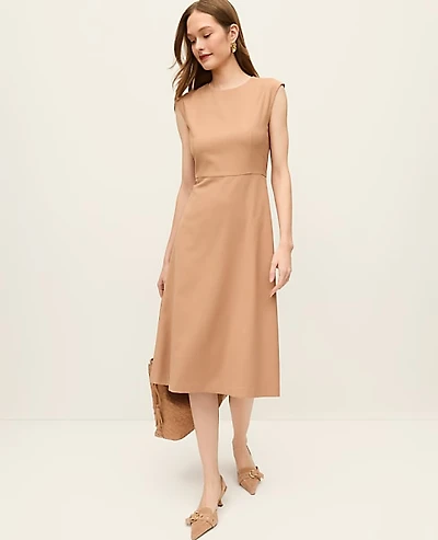 Ann Taylor The Petite Crew Neck Flare Midi Dress Weathered Oak Women's