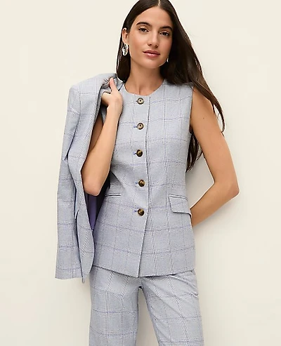 Ann Taylor The Petite Long Crew Neck Vest Plaid Blue/White Combo Women's