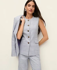 Ann Taylor The Petite Long Crew Neck Vest Plaid Blue/White Combo Women's