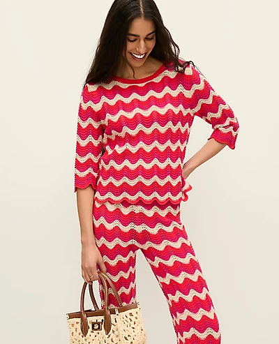 Ann Taylor Petite Striped Crochet Sweater Smoldering Red Women's