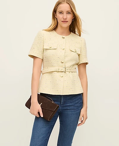 Ann Taylor Petite Tweed Belted Jacket Speckled Yellow Multi Women's