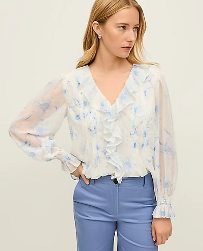 Ann Taylor Floral Ruffle Trim Blouse Size XS Blue Women's