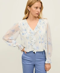 Ann Taylor Floral Ruffle Trim Blouse Size XS Blue Women's