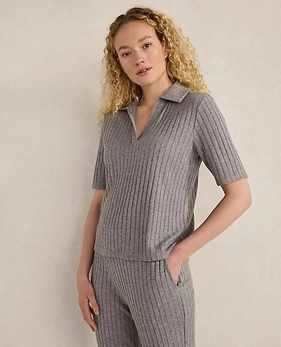 Ann Taylor Haven Well Within Wide Rib Knit Johnny Collar Top Size XS Fog Grey Heather Women's