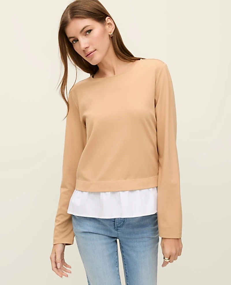 Ann Taylor Petite Weekend Ruffle Trim Knit Top Cafe Au Lait Women's