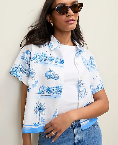 Ann Taylor Weekend Toile Shirt Linen Blend Wave Pool Women's
