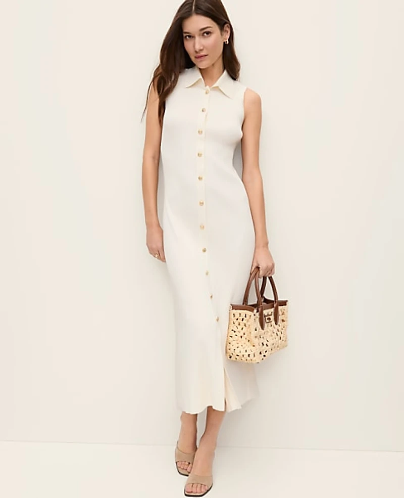 Ann Taylor Petite Collared Midi Sweater Dress Size XS Winter White Women's