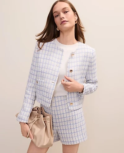 Ann Taylor Petite Patch Pocket Jacket Tweed Neutral/Blue Combo Women's