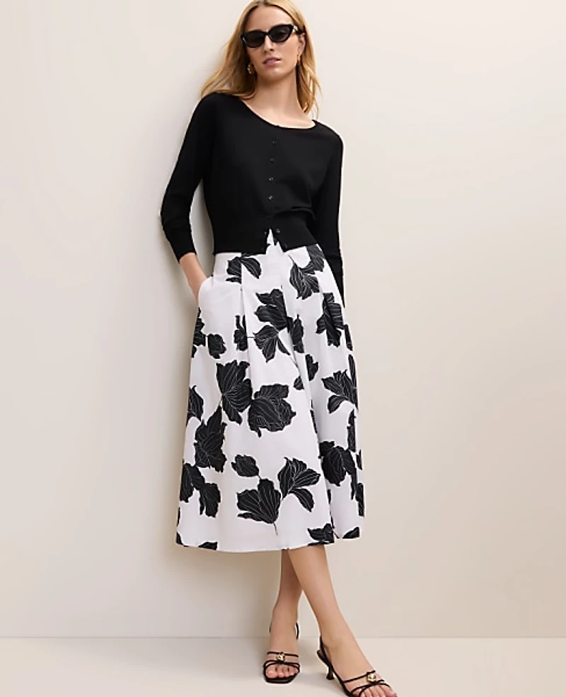 Ann Taylor Petite Floral Pleated Midi Skirt White Women's