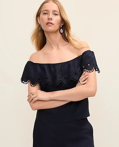 Ann Taylor Off-The-Shoulder Top Linen Blend Night Sky Women's