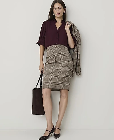 Ann Taylor Plaid Belted Midi Pencil Skirt French Mocha Women's