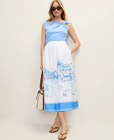 Ann Taylor Petite Weekend Printed Full Midi Skirt Wave Pool B Women's