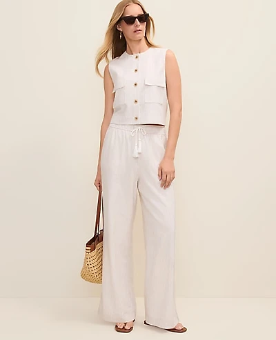 Ann Taylor Weekend Striped Easy Fit Wide-Leg Pant Linen Blend Sail Cloth Women's