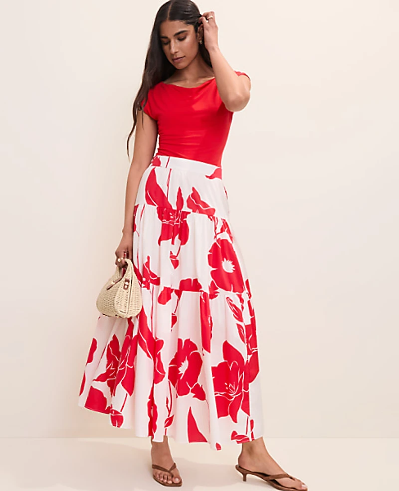 Ann Taylor Floral Tiered Full Skirt Bright Cherry Women's