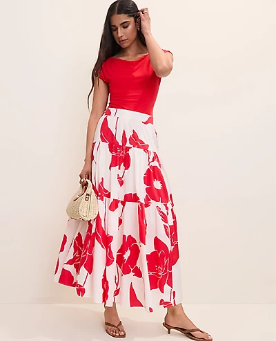 Ann Taylor Floral Tiered Full Skirt Bright Cherry Women's
