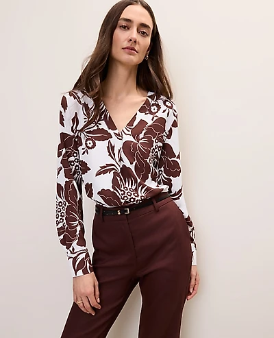 Ann Taylor Floral Mixed Media Pleat Front Top Rich Walnut Women's